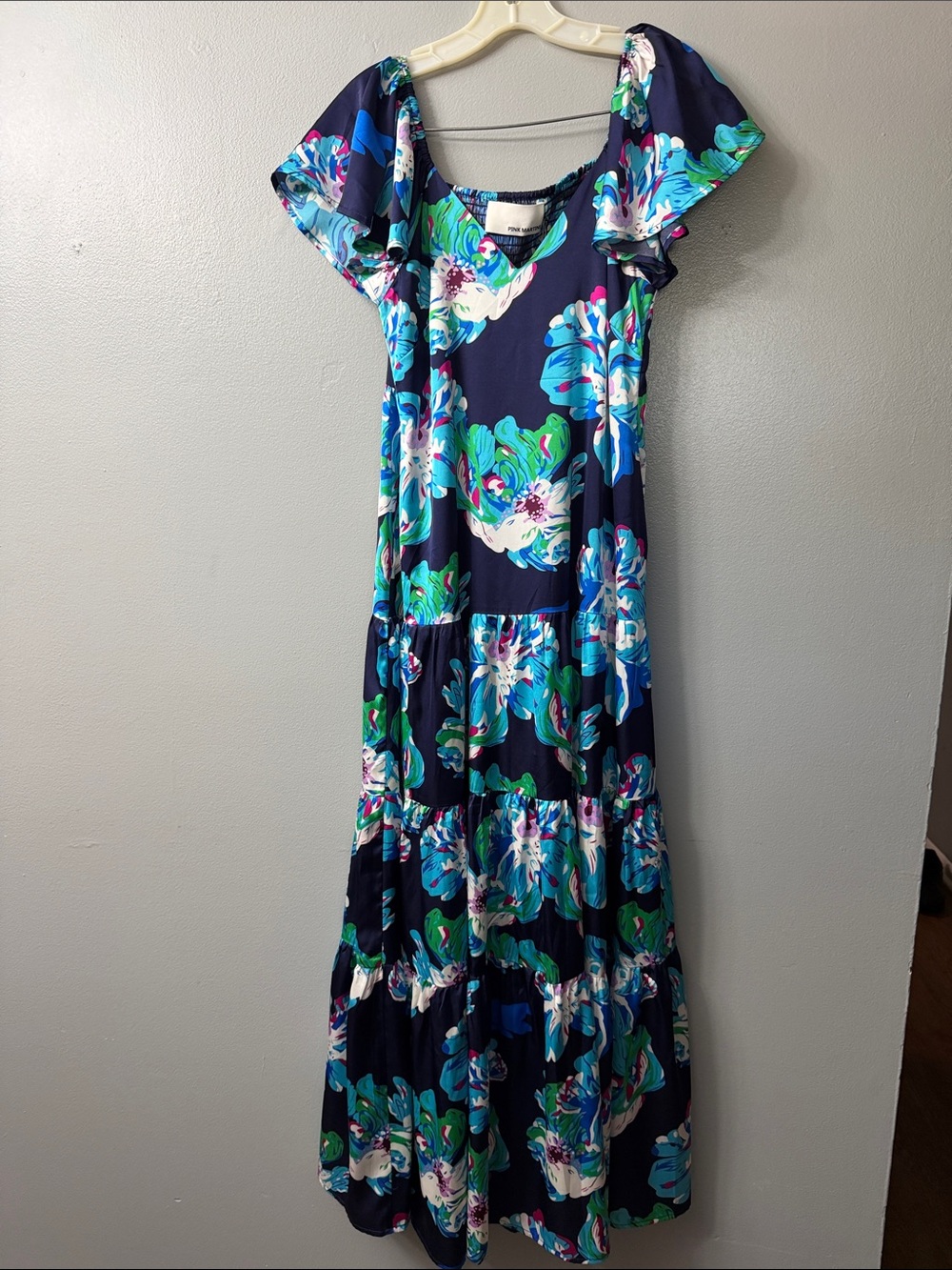 Pink Martini Scheana maxi dress tiered skirt, flutter sleeves blue floral small